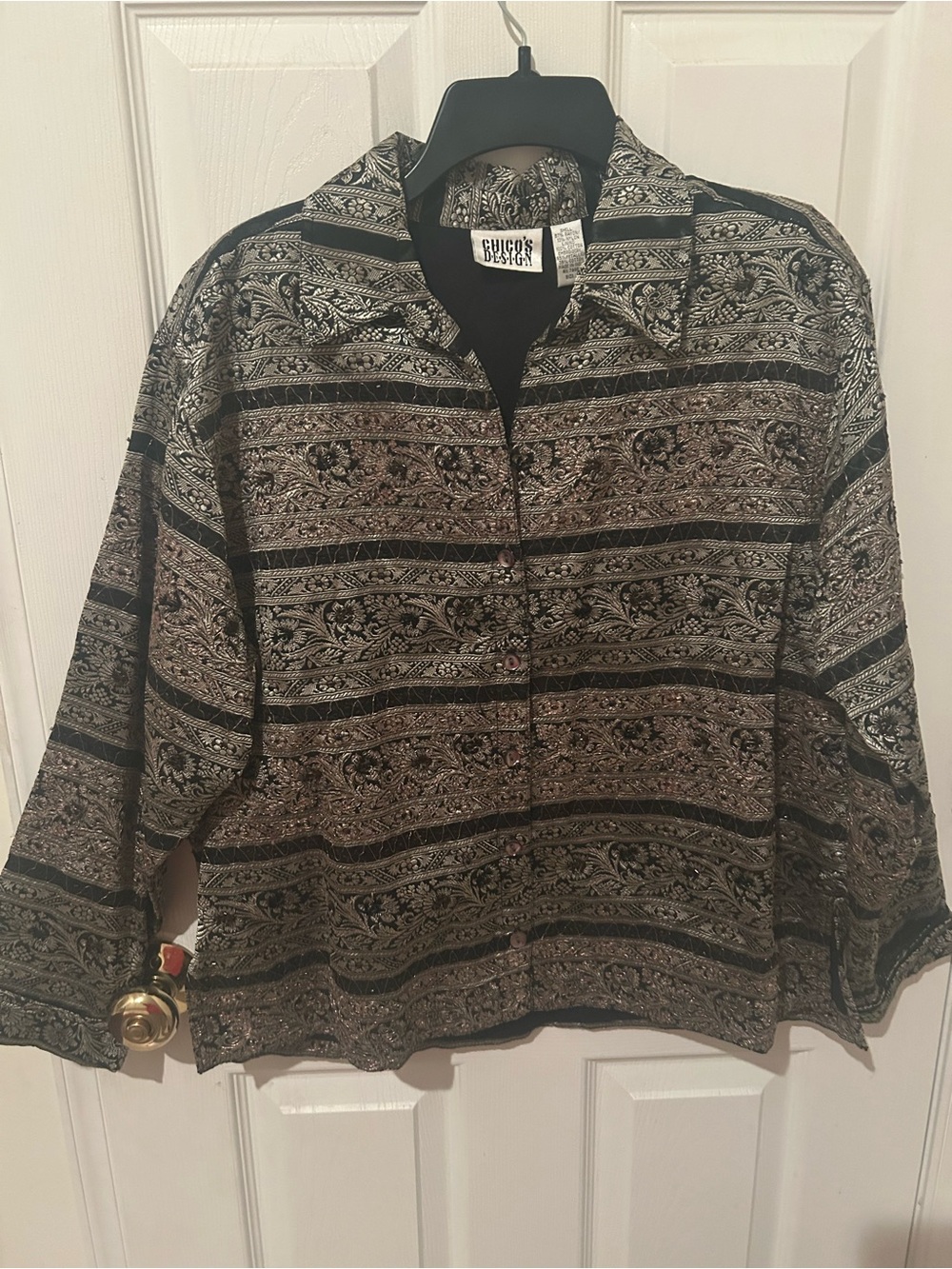 Chico's Black and Gray Paisley-Stripe Button Front Shacket